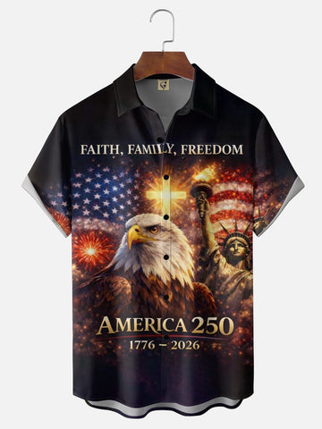 USA 250Th Anniversary Hawaiian Shirt Faith Family Freedom Cross & Bald Eagle Clothes Dad Gift