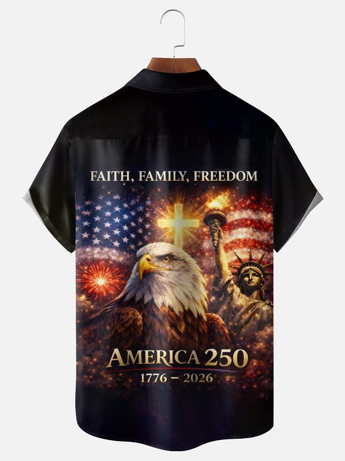 USA 250Th Anniversary Hawaiian Shirt Faith Family Freedom Cross & Bald Eagle Clothes Dad Gift