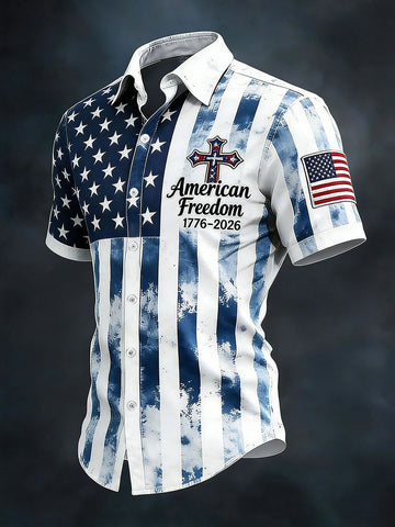 American Freedom 1776 2026 Button Up Shirt Mens Shirts 250th Anniversary Patriotic Gift