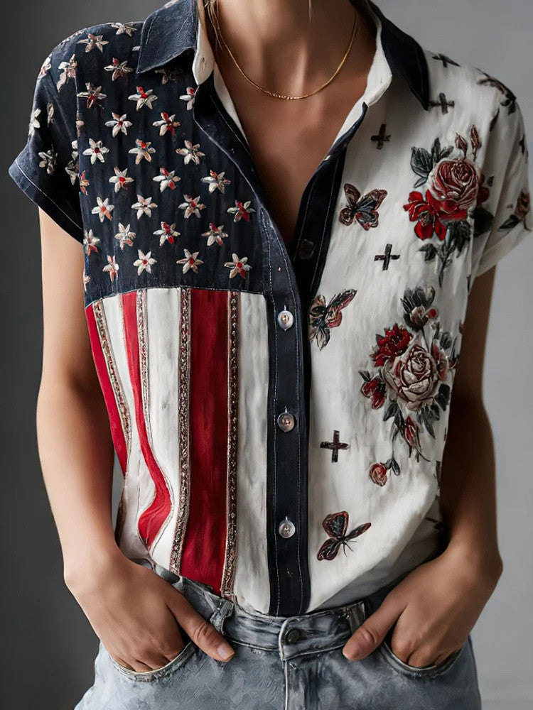 American Flag Butterfly Rose Button Up Shirt Womens Shirts Patriotic 250th Anniversary Gift