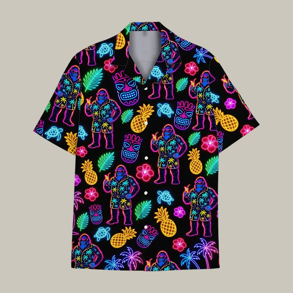 Neon Bigfoot And Tiki Hawaiian Shirt Funny Sasquatch Summer Beach Clothes Best Gift For Father
