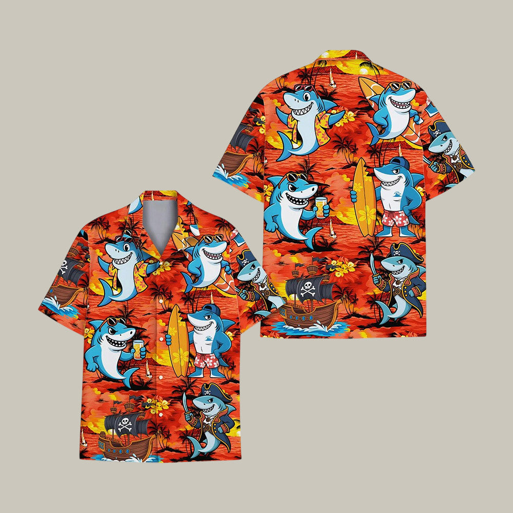 Surfing Shark Hawaiian Shirt Funny Pirate Shark Aloha Shirt Best Present For Shark Lovers