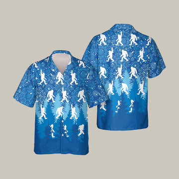 Snow Storm Bigfoot Hawaiian Shirt Winter Bigfoot Art Tee Present Idea For Father's Day