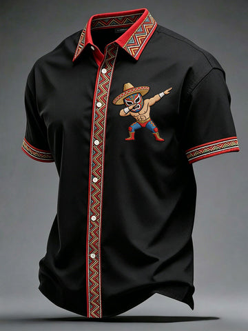 Mexican Luchador Dabbing Hawaiian Button Shirt Cinco De Mayo Luchador Clothing Gift Ideas