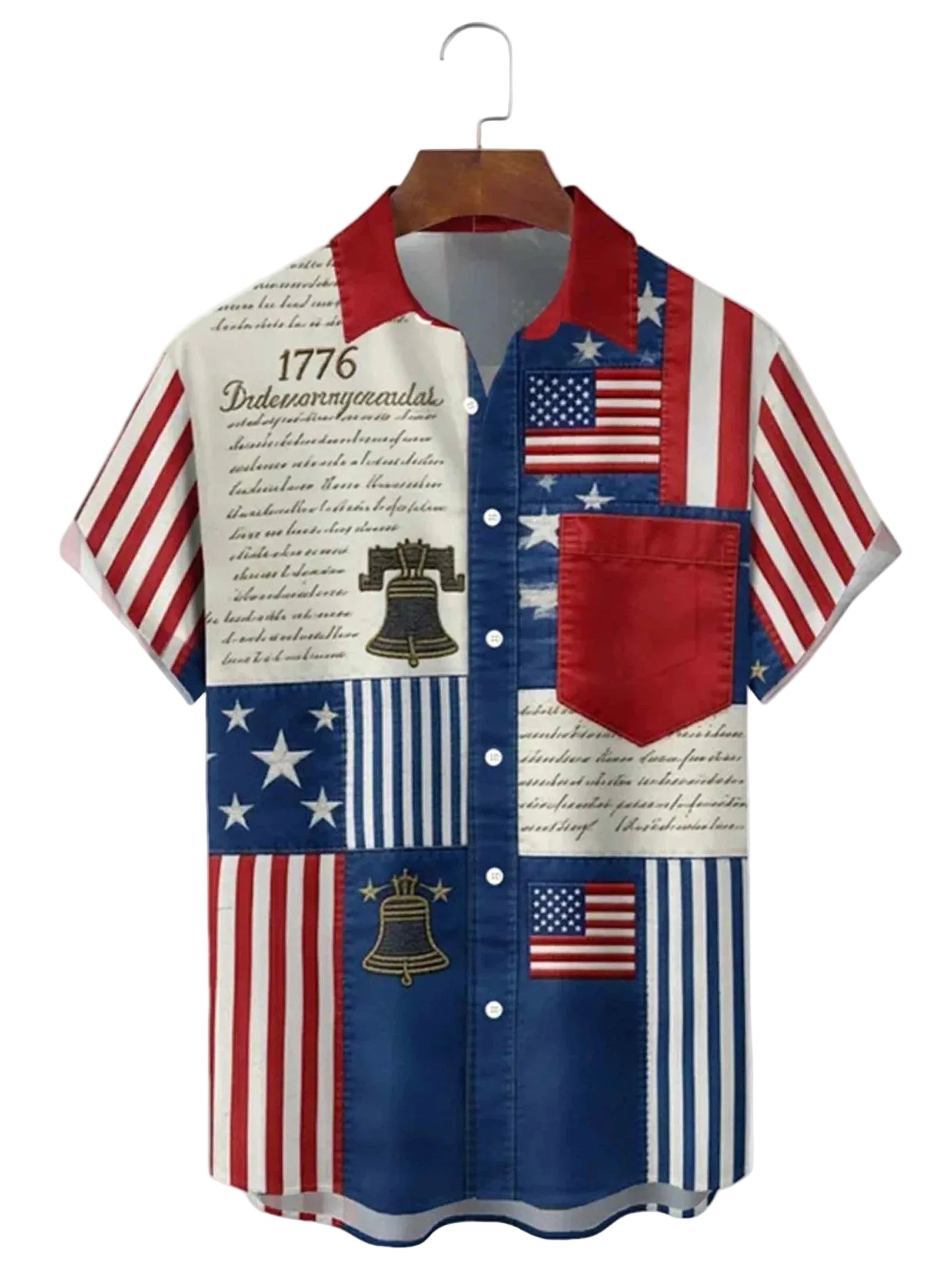 Patriotic 1776 Liberty Bell Button Shirt American Flag Patchwork Apparel Gift For Men