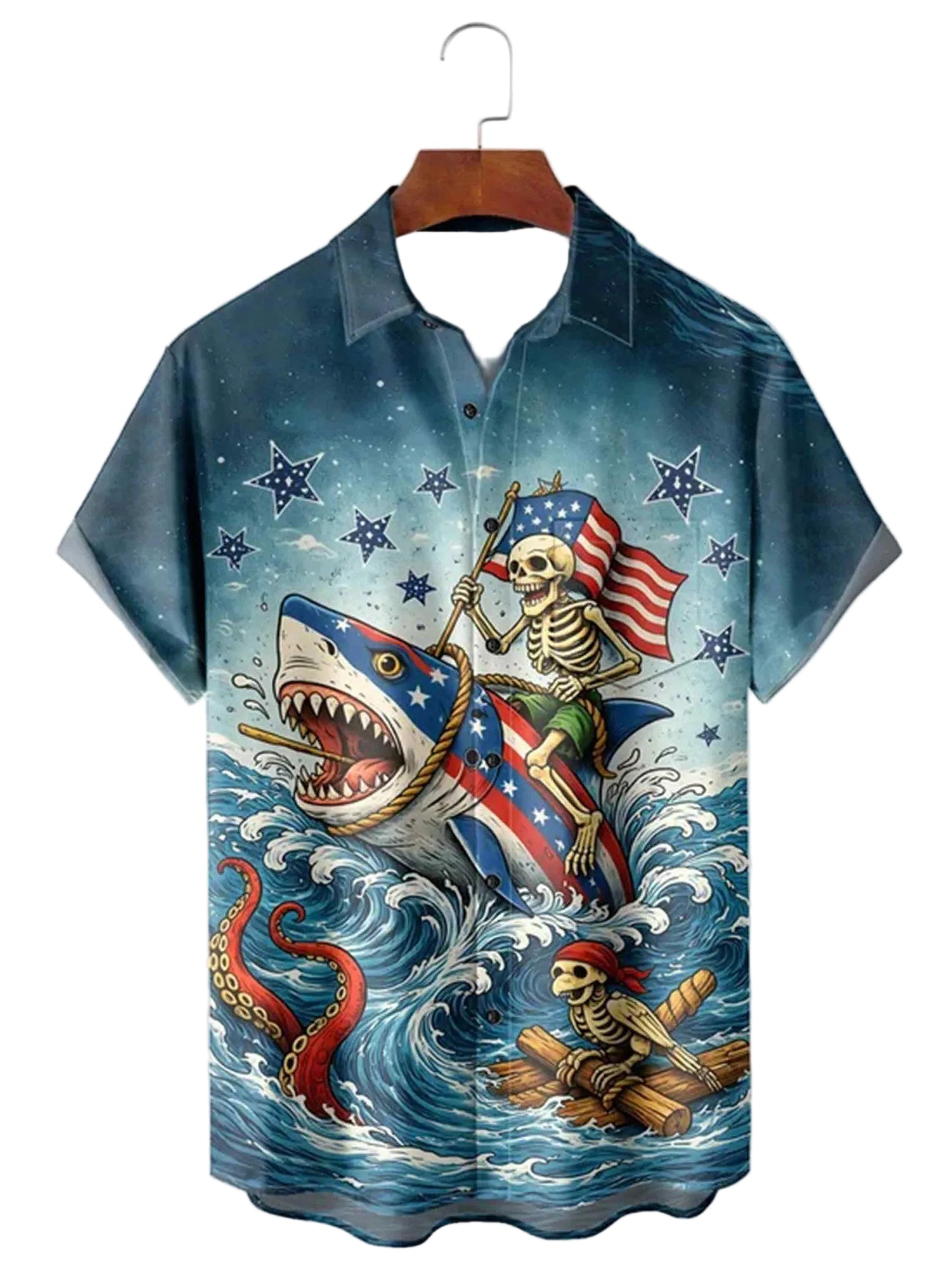 Patriotic Skeleton Riding Shark Button Shirt 4Th Of July Apparel Gifts For Independence Day