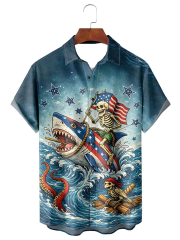 Patriotic Skeleton Riding Shark Button Shirt 4Th Of July Apparel Gifts For Independence Day