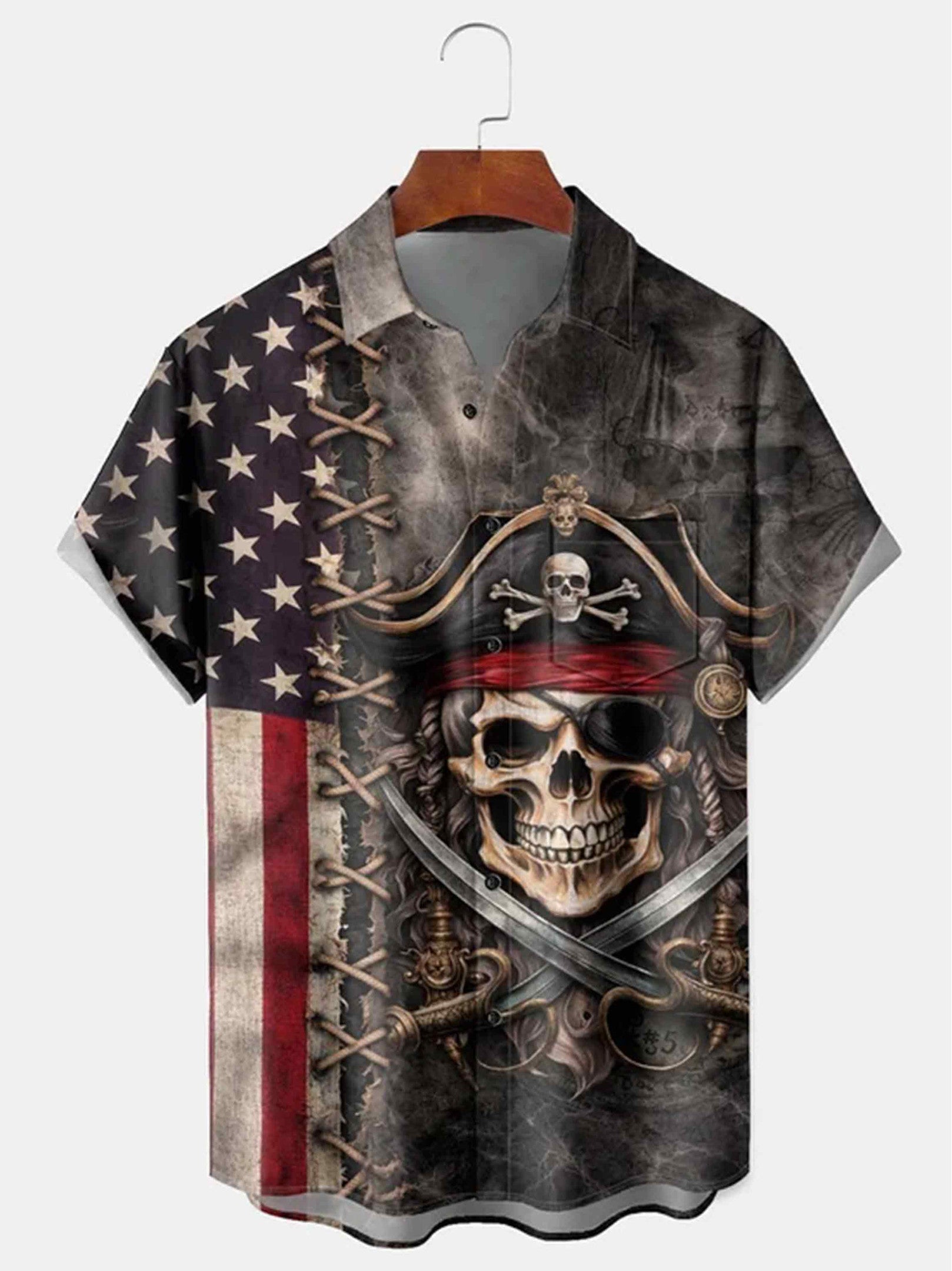 Patriotic Pirate Skull American Flag Button Shirt Semiquincentennial Clothes Gift For Husband