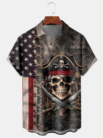 Patriotic Pirate Skull American Flag Button Shirt Semiquincentennial Clothes Gift For Husband