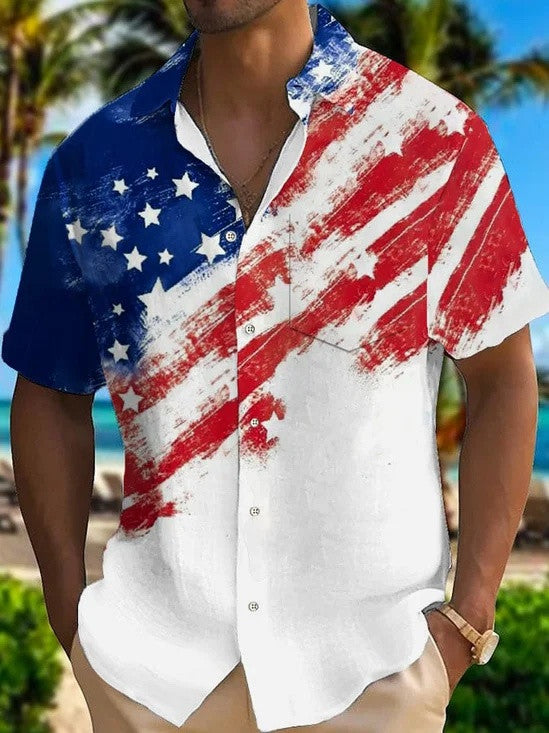Vintage American Flag Hawaiian Button Shirt 4Th Of July Clothing Gift For Men
