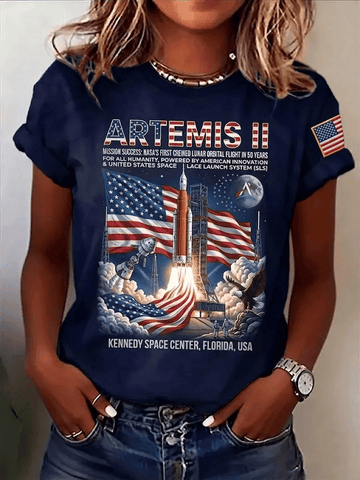 Rocket Launch T-Shirt American Flag NASA Moon Landing 2026 Clothes Retro 2026 Artemis II