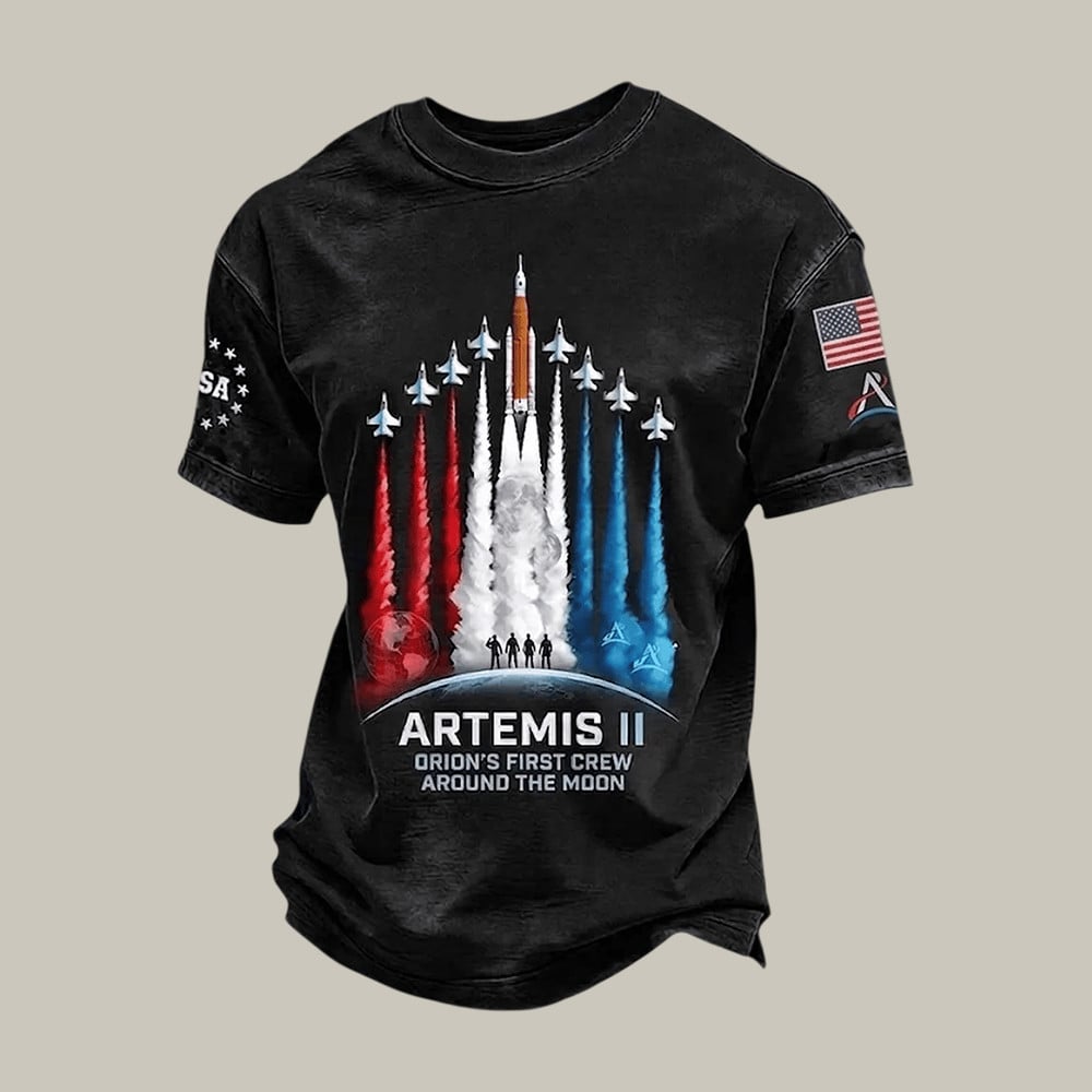 Space Mission American Flag T-Shirt Orion's First Crew Around The Moon Shirt Astronomy Gift Retro 2026 Artemis II