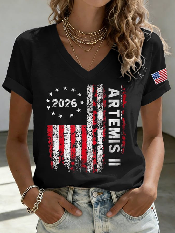 Returns To The Moon V-Neck Shirt American Flag Apparel Gift For Mother Retro 2026 Artemis II