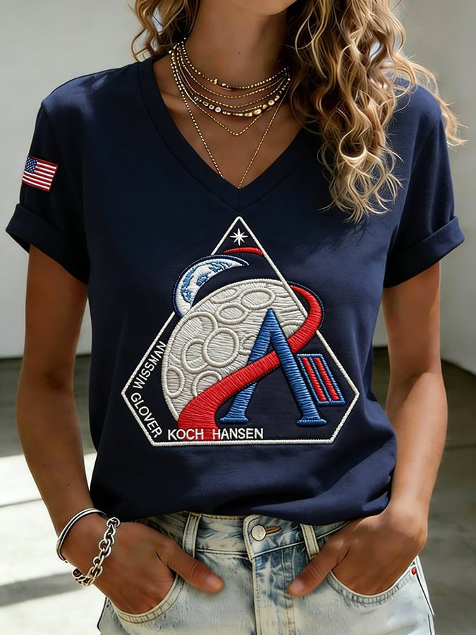 Humanity Returns To The Moon V-Neck Shirt NASA Moon Mission 2026 Clothing Line Retro 2026 Artemis II