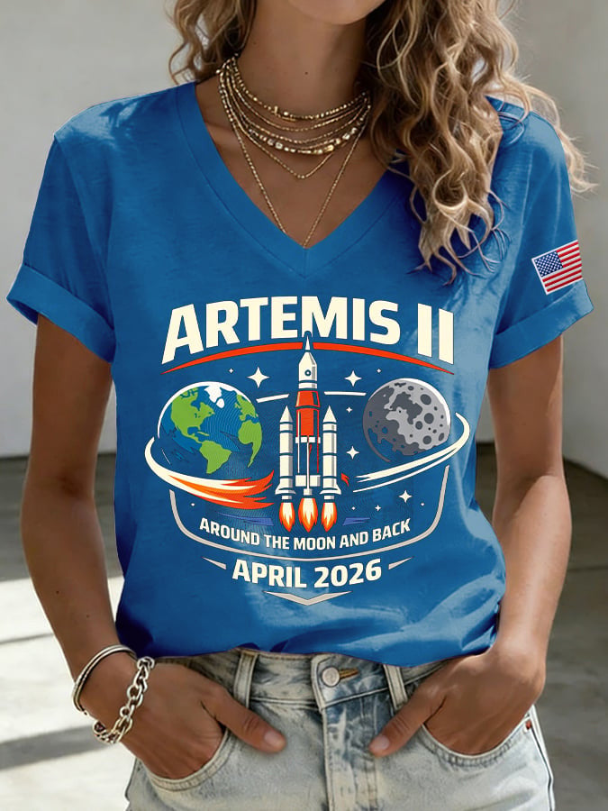 Around The Moon And Back V-Neck Shirt NASA Artemis Logo Tee Best Gift For Astrophiles Retro 2026 Artemis II