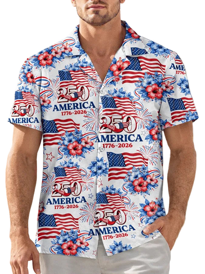 America 250th Anniversary Hawaiian Shirt Patriotic USA Flag Floral Firework Merch Gift For Men