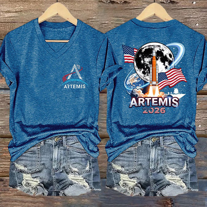 Logo Graphic V-Neck Shirt Artemis 2 Mission Merch American Flag Gift For Wife Retro 2026 Artemis II