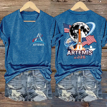 Logo Graphic V-Neck Shirt Artemis 2 Mission Merch American Flag Gift For Wife Retro 2026 Artemis II