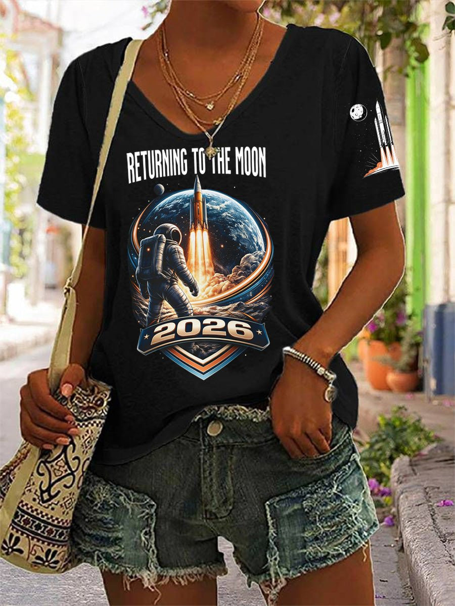 2026 Rocket Launch V-Neck Shirt Returning To The Moon Shirt Mother's Day Gift Retro 2026 Artemis II