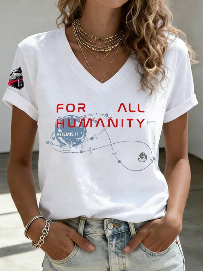 For All Humanity NASA V-Neck Shirt Artemis 2 Mission Clothes Best Gift For Girlfriend Retro 2026 Artemis II