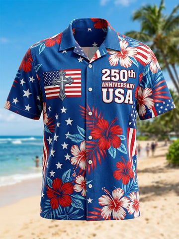 USA 250th Anniversary Hawaiian Shirt American Flag With Cross Hibiscus Apparel Gift Ideas