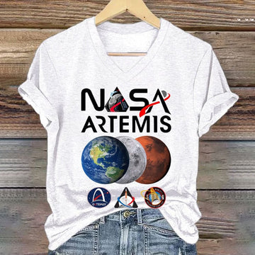 NASA Lunar Orbit Mission V-Neck T-Shirt E Moon Mars Planets Merch Gift For Astronomy Fans Retro 2026 Artemis II