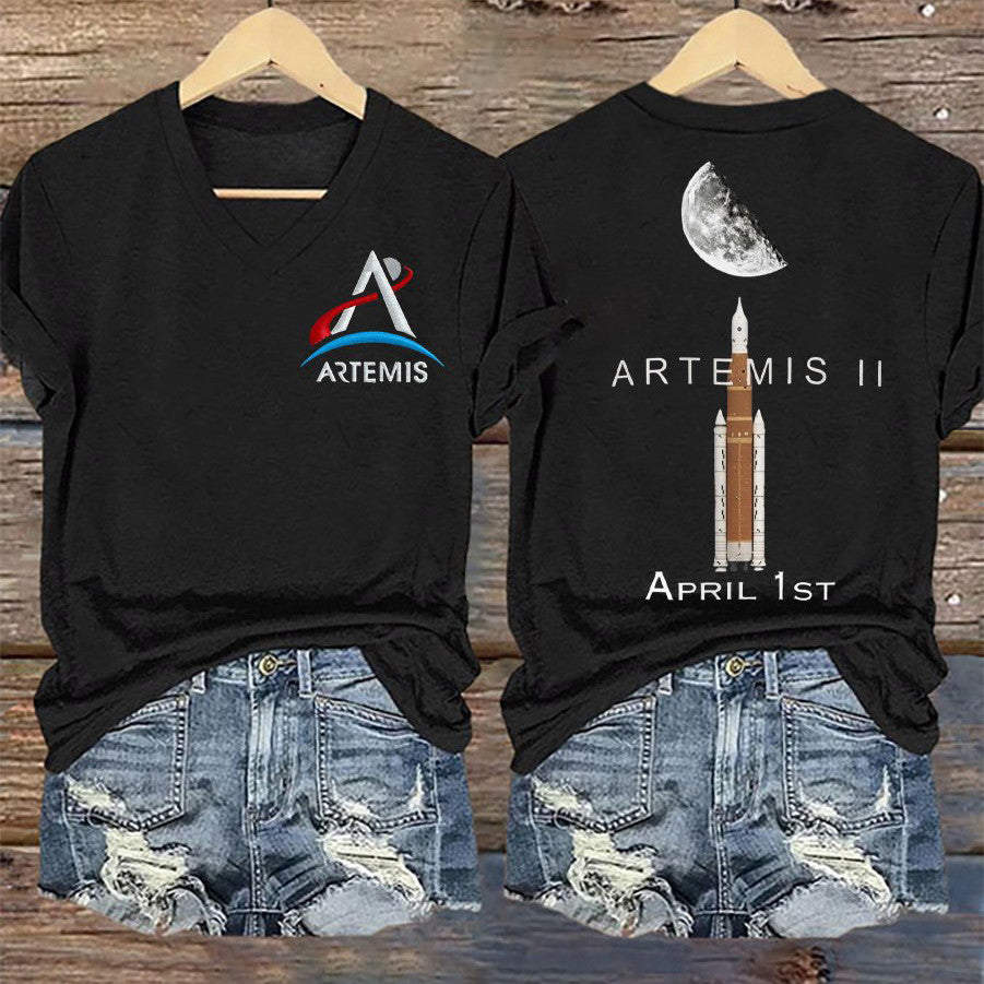 NASA Mission V-Neck T-Shirt Rocket Launch To Moon Merchandise Future Astronaut Gift Retro 2026 Artemis II