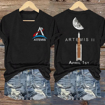 NASA Mission V-Neck T-Shirt Rocket Launch To Moon Merchandise Future Astronaut Gift Retro 2026 Artemis II