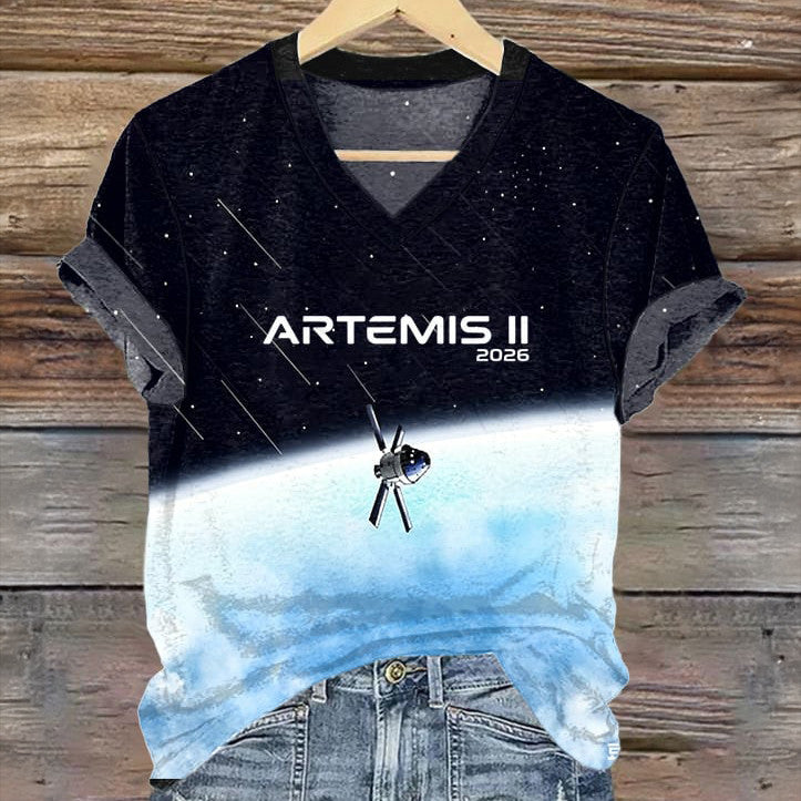 2026 V-Neck T-Shirt Space Exploration Mission Clothes Gift For Aspiring Astronauts Retro 2026 Artemis II