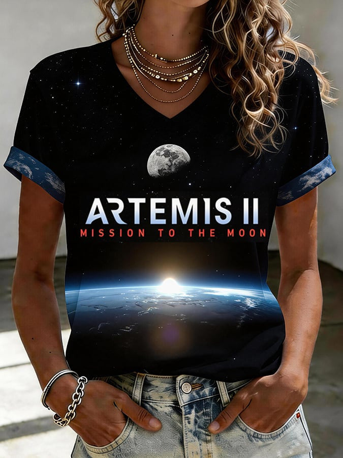 NASA Mission V-Neck T-Shirt Manned Mission To The Moon Merch Gift For Rocket Engineer Retro 2026 Artemis II
