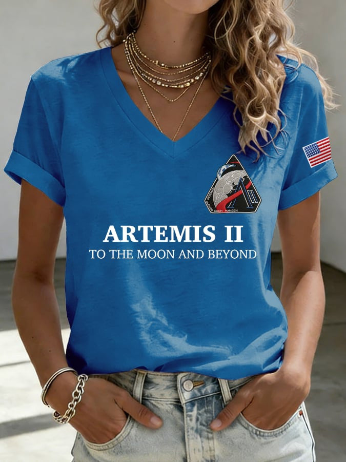 2026 V-Neck T-Shirt To The Moon And Beyond Merch Lunar Mission Gift Retro 2026 Artemis II