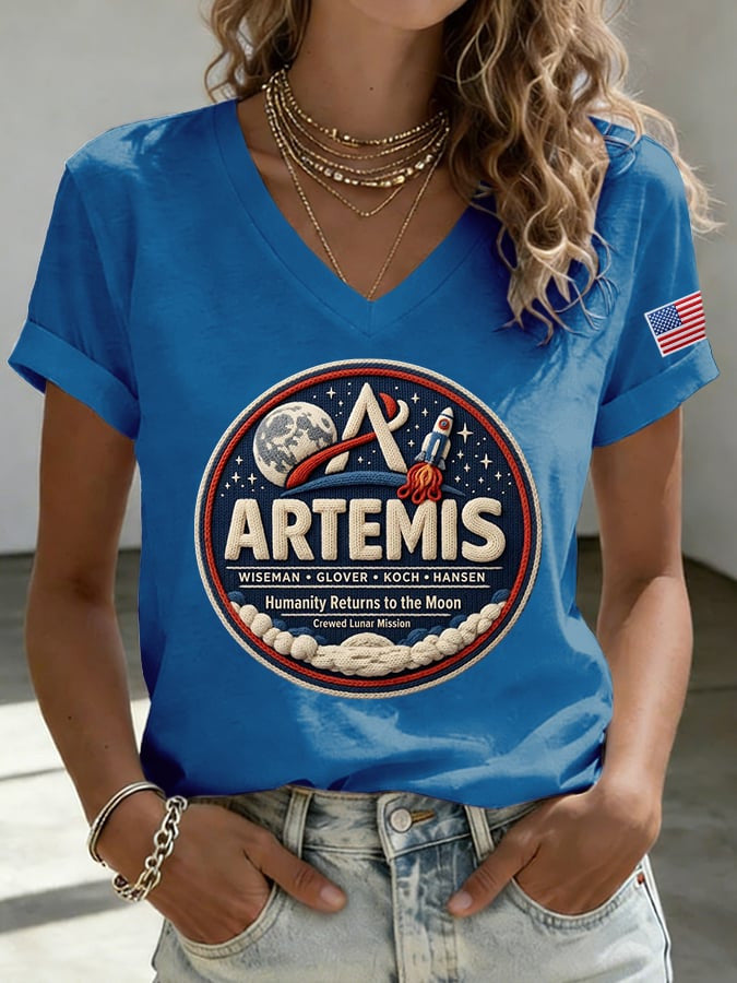 NASA Artemis Word Art V-Neck T-Shirt Humanity Returns To Moon Clothes Gift For Space Lover Retro 2026 Artemis II