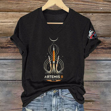 NASA Artemis 2 Mission V-Neck T-Shirt Rocket Launch Moon Crescent Clothing Gift For Her Retro 2026 Artemis II