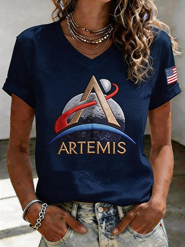 Mission V-Neck T-Shirt Space Exploration Logo Apparel Rocket Nerd Gift Retro 2026 Artemis II
