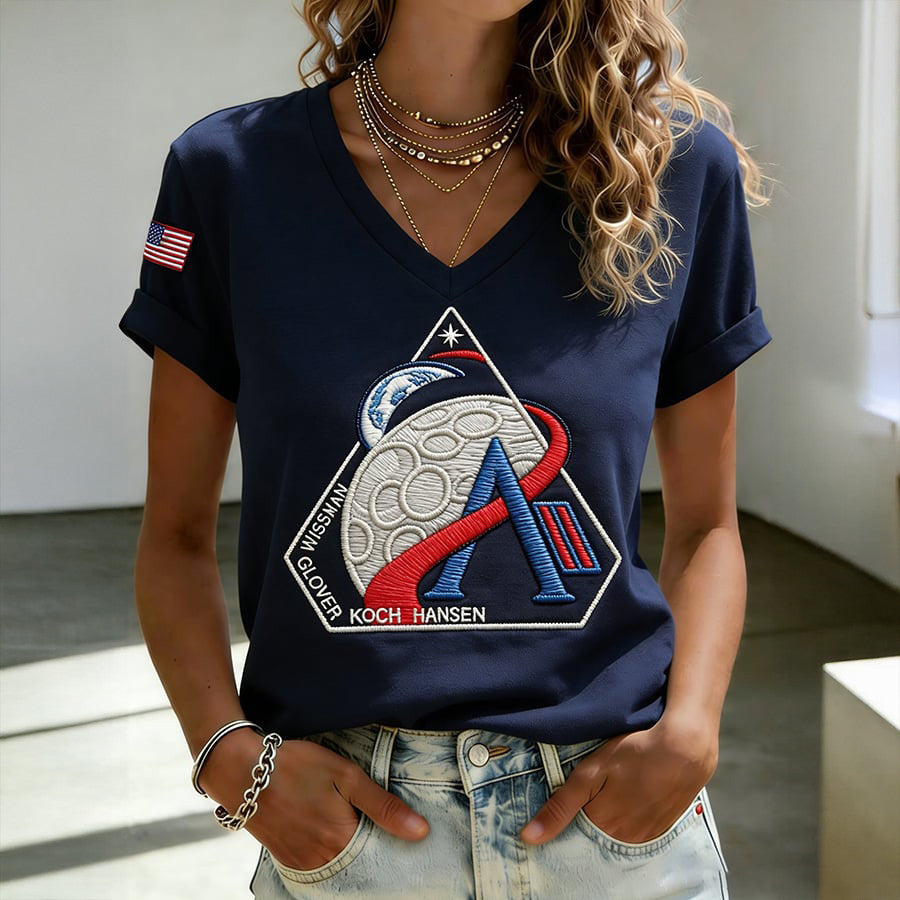 NASA Artemis Word Art V-Neck T-Shirt Moon Landing Mission Patch Apparel Science Teacher Gift Retro 2026 Artemis II