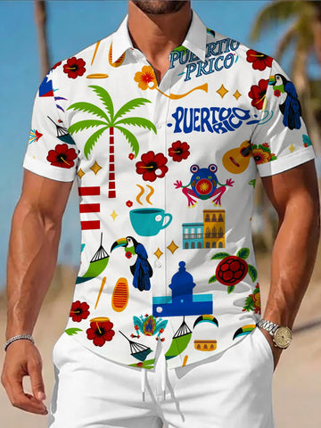 Puerto Rico Button Shirt Colorful Coqui Toucan Palm Tree Guitar Clothing Island Gift Ideas