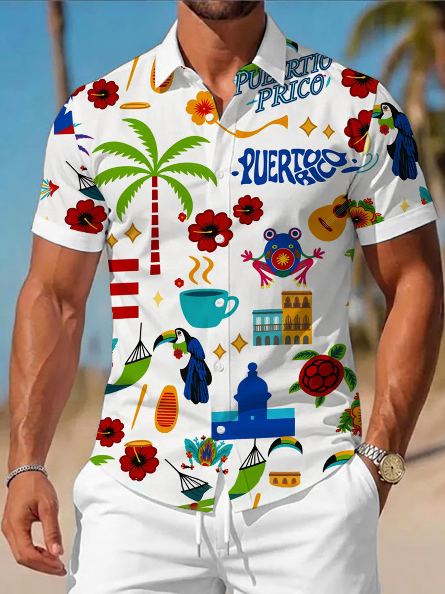 Puerto Rico Button Shirt Colorful Coqui Toucan Palm Tree Guitar Clothing Island Gift Ideas