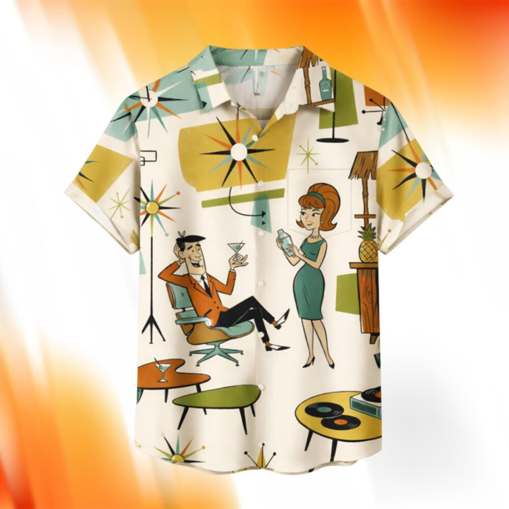 Atomic Mid-Century Geometric Cocktail Hawaiian Shirt Rockabilly Style Apparel Gift For Husband