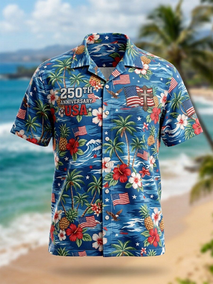250th Anniversary USA Hawaiian Shirt Summer Day With Floral Cross Apparel Gift For Men