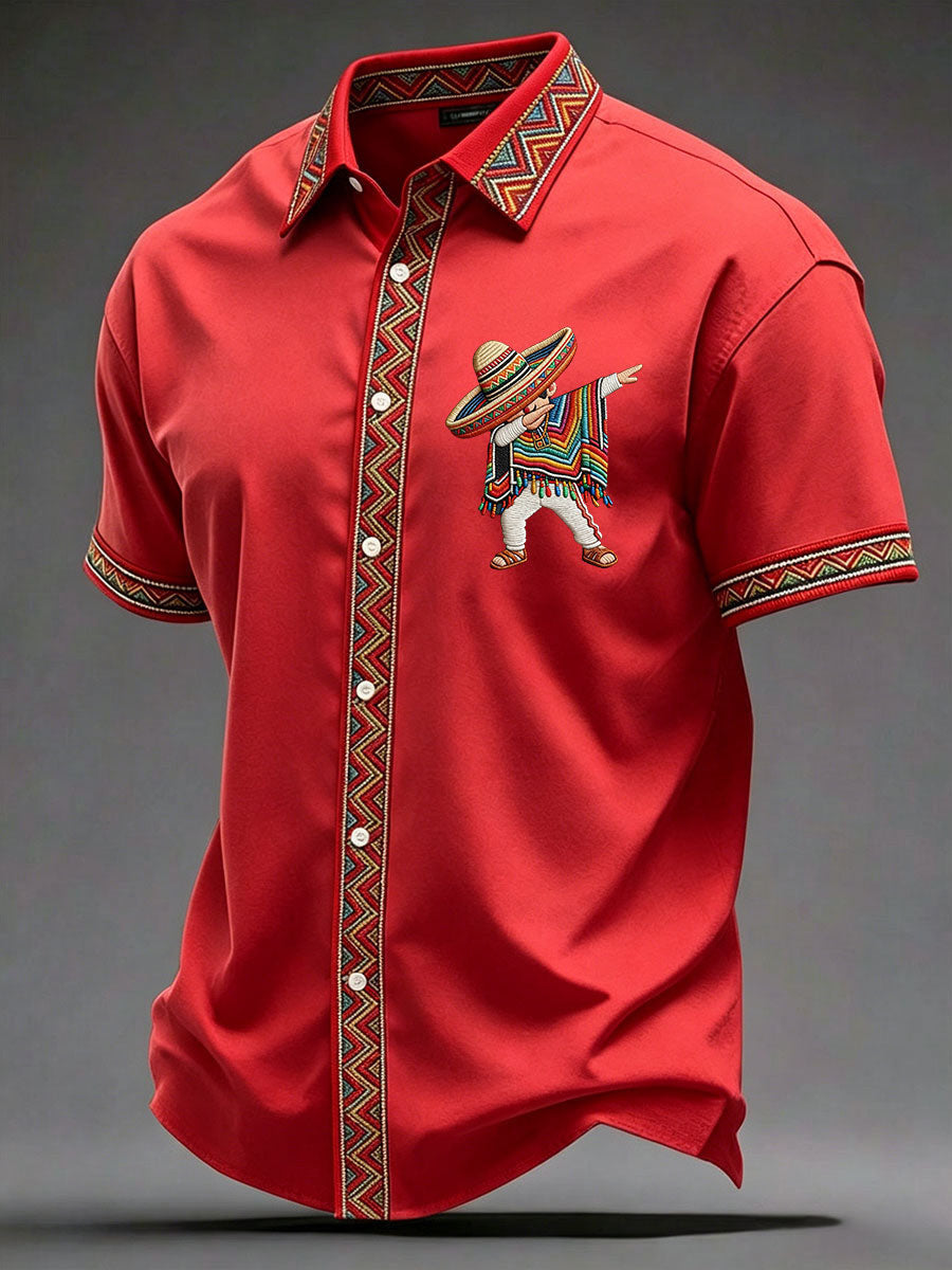Cinco De Mayo Button Shirt Mexican Dancer With Sombrero & Poncho Gift For Men