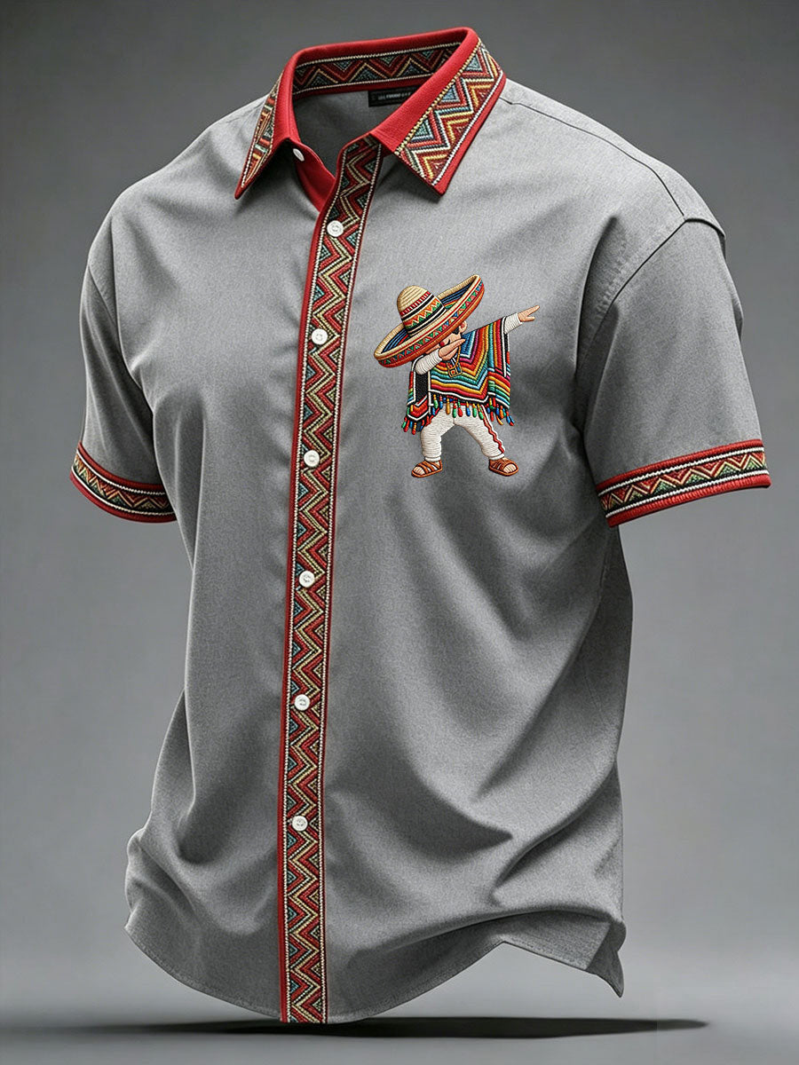 Cinco De Mayo Button Shirt Mexican Dancer With Sombrero & Poncho Gift For Men