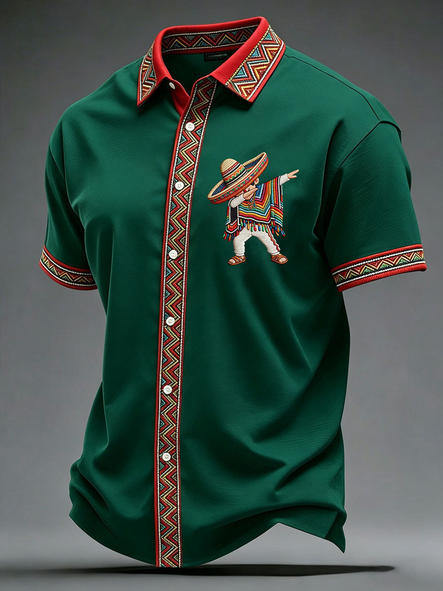 Cinco De Mayo Button Shirt Mexican Dancer With Sombrero & Poncho Gift For Men