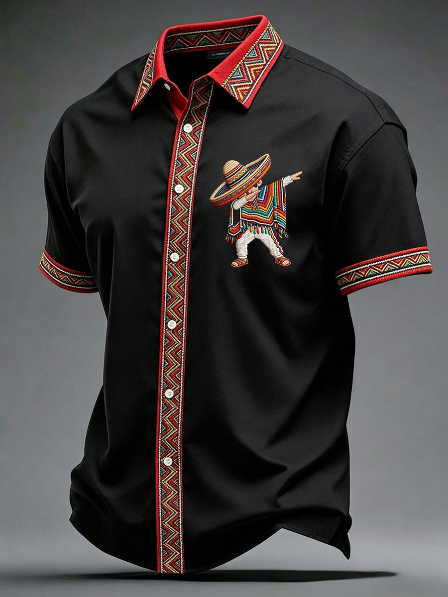 Cinco De Mayo Button Shirt Mexican Dancer With Sombrero & Poncho Gift For Men