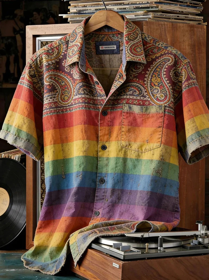 Vintage Rainbow Paisley Patchwork Button Shirt Boho Floral Plaid Clothing Gift Ideas