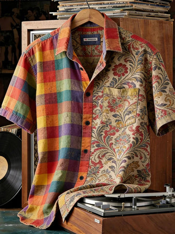 Vintage Rainbow Plaid Floral Button Shirt Boho Style Split Summer Festival Clothing Gift Ideas