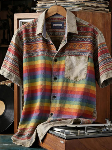 Vintage Rainbow Tribal Pattern Button Shirt Vibrant Summer Festival Apparel Gift For Men