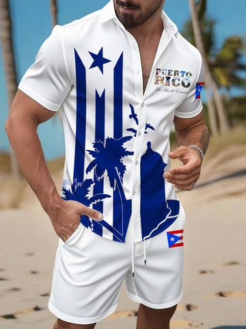 Puerto Rican Day Button Shirt Shorts National PR Day Apparel Gift For Him