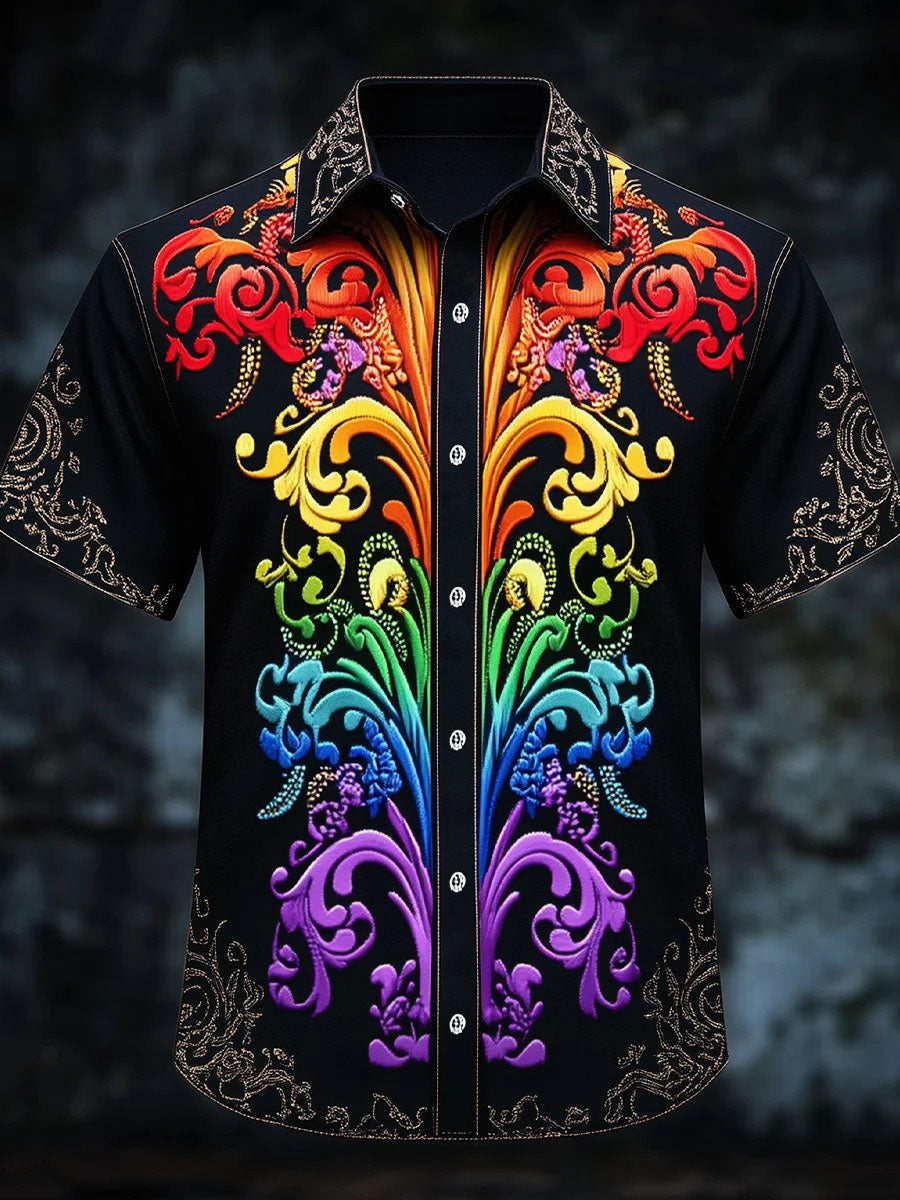 Rainbow Floral Button Shirt Short Sleeve Pride Colors Apparel Gift For Coming Out Day