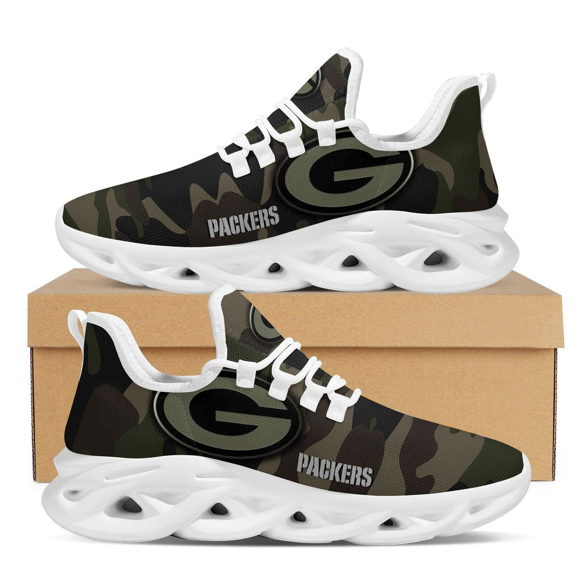 Green Bay Packers Camo Camouflage Design Trending Max Soul Clunky Sneaker Shoes For Mens Womensamerican Football Team Fans For Men Women