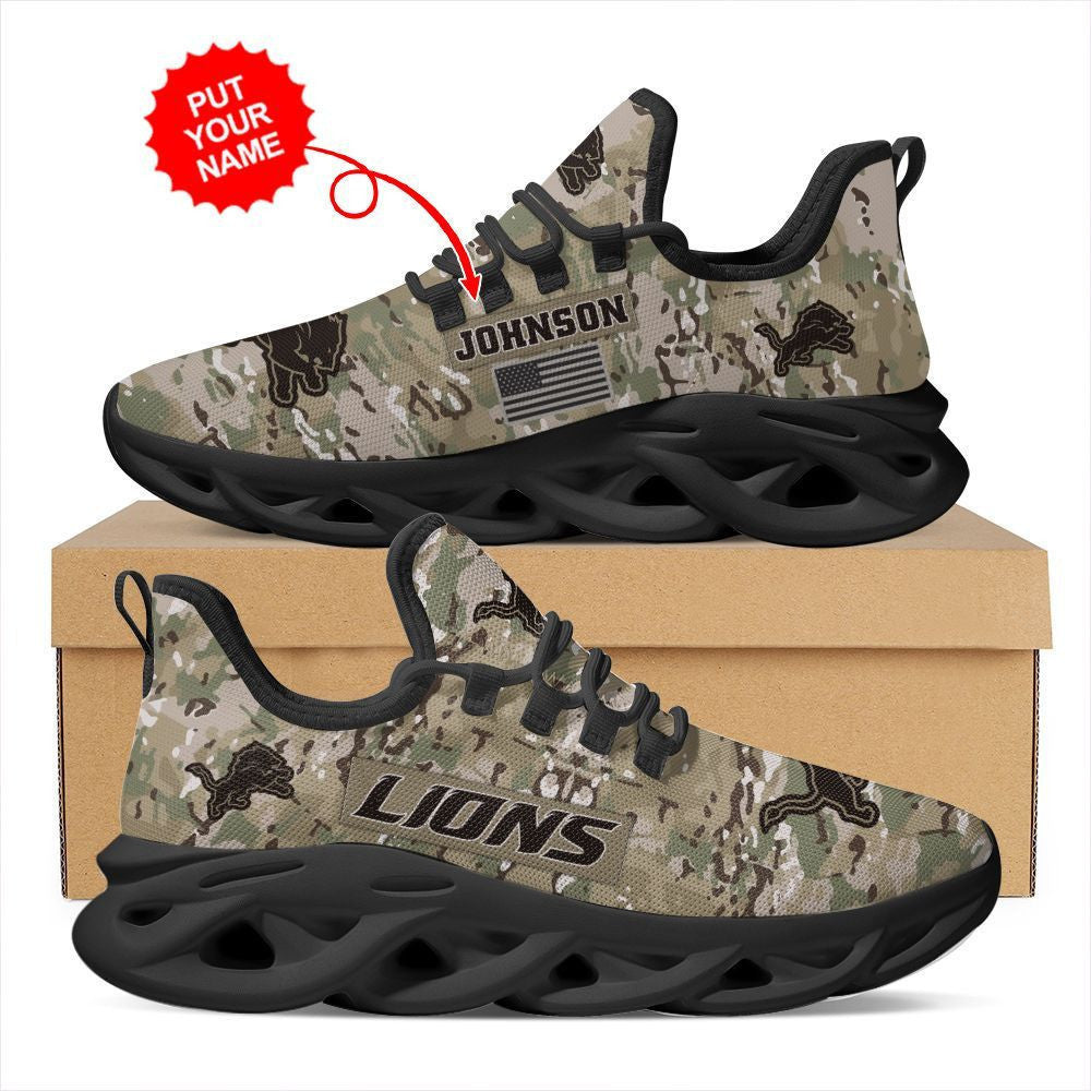 Detroit Lions Us Army Military Rank Design Camouflage Custom Name Personalized Max Soul Sneakers Running Sports Shoes For Men Womenfootball Fans